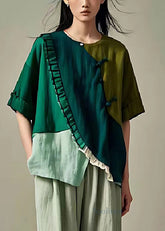 Blusa de lino con patchwork verde opaco y asimétrica para verano